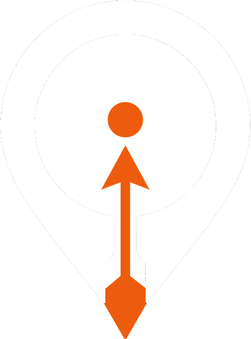 The RamCabz mark: a map pin with an upward arrow and an orange dot at its centre